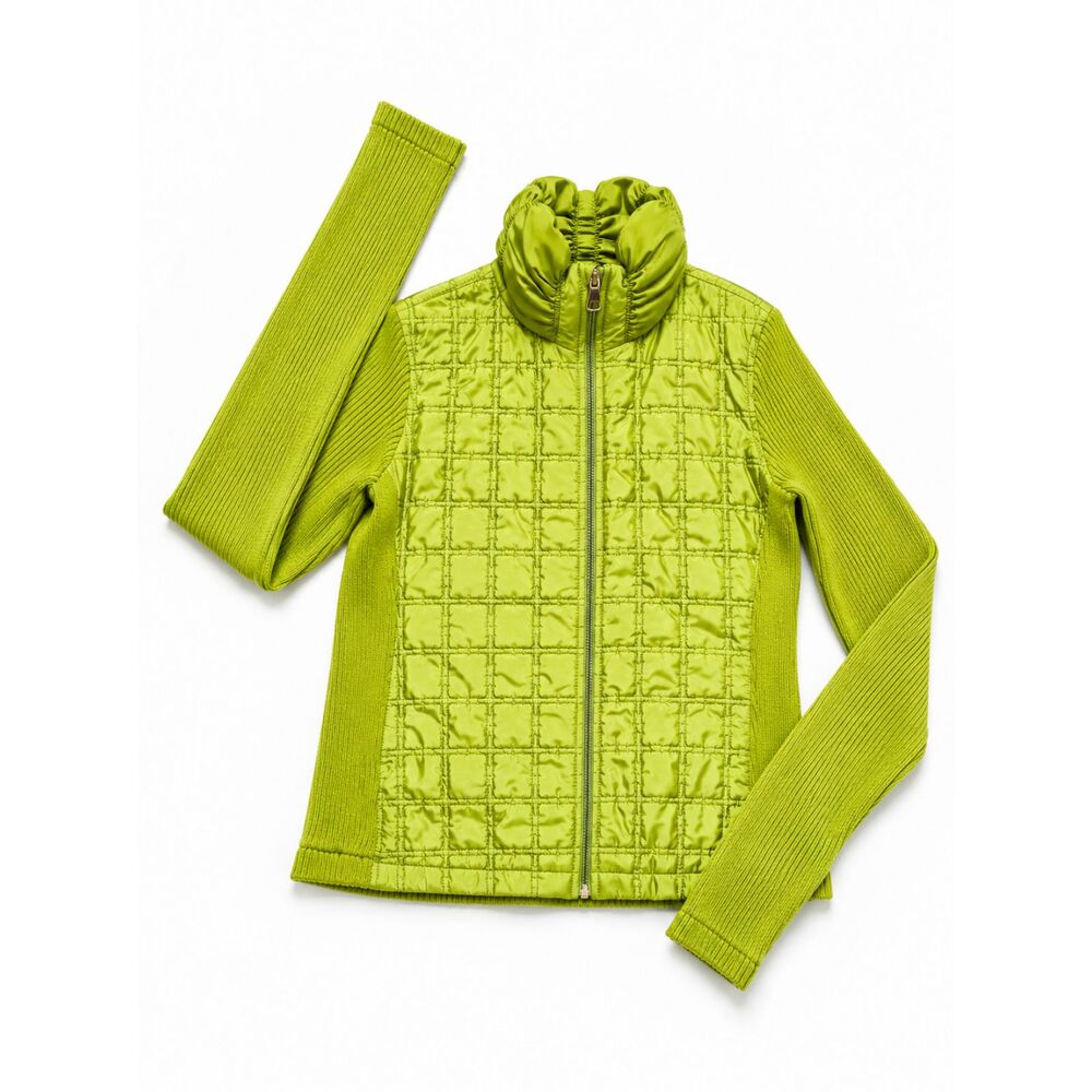 Flair Women's M Chartreuse Green Quilted Knit Puffer Cardigan Jacket Zip Front